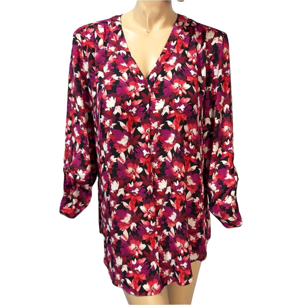 Anne Klein AK Blouse Floral Roll Tab Sleeve Size XL Tunic Top Elderberry V-Neck